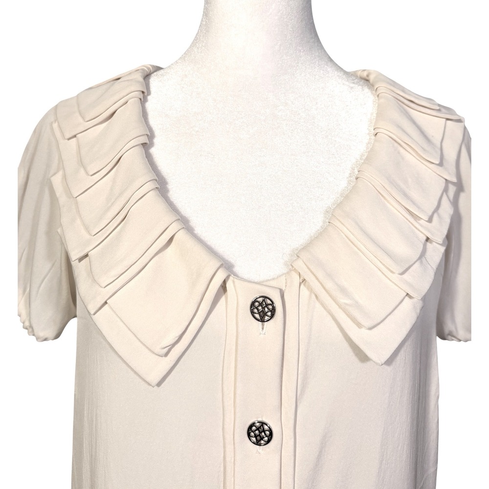 Antonio Melani 93% Silk Blouse S Cream Ruffle Collar Puff Sleeve Button Front